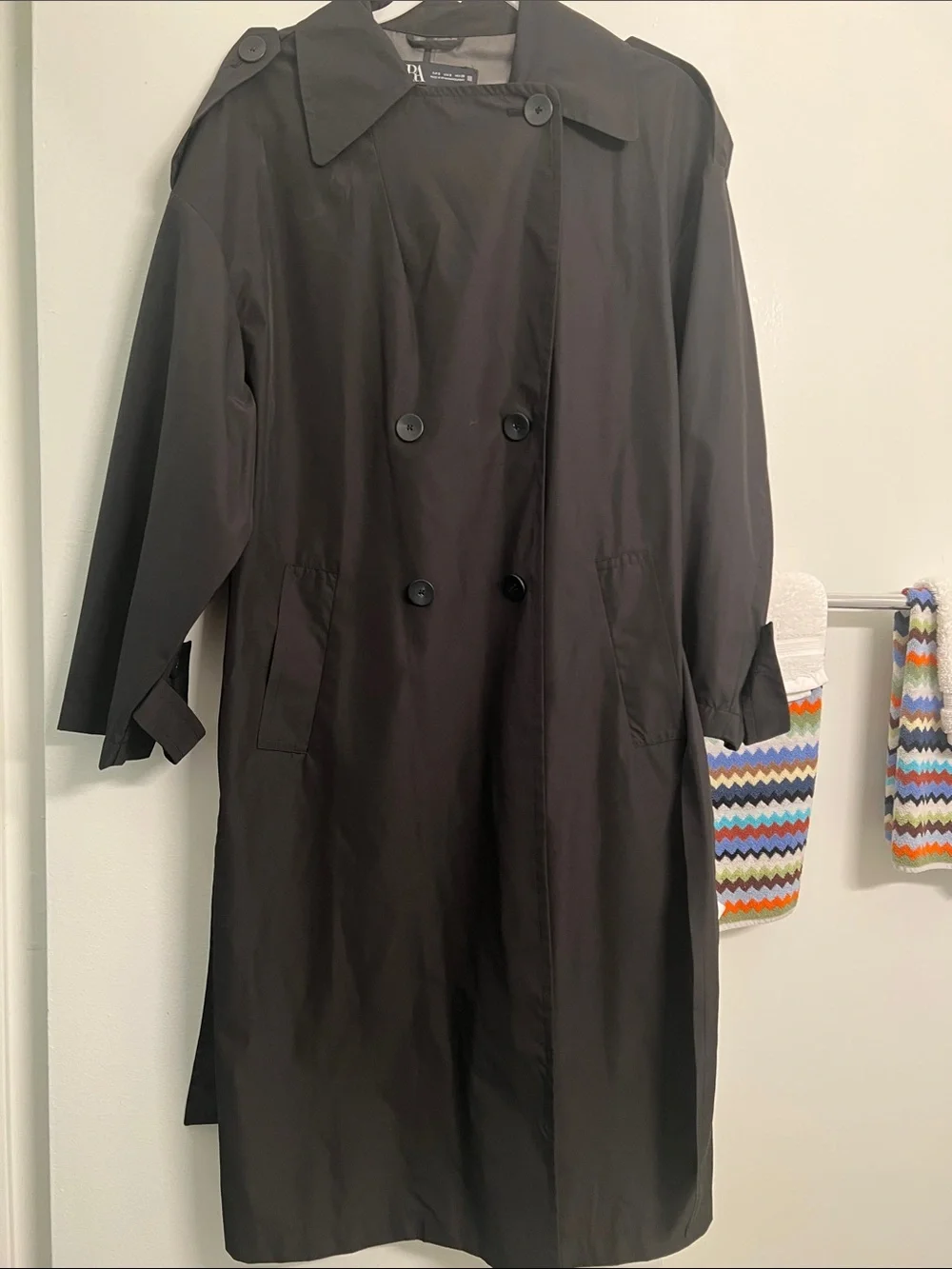 Zara Black Double-Breasted Waterproof Trench with Waist Tie